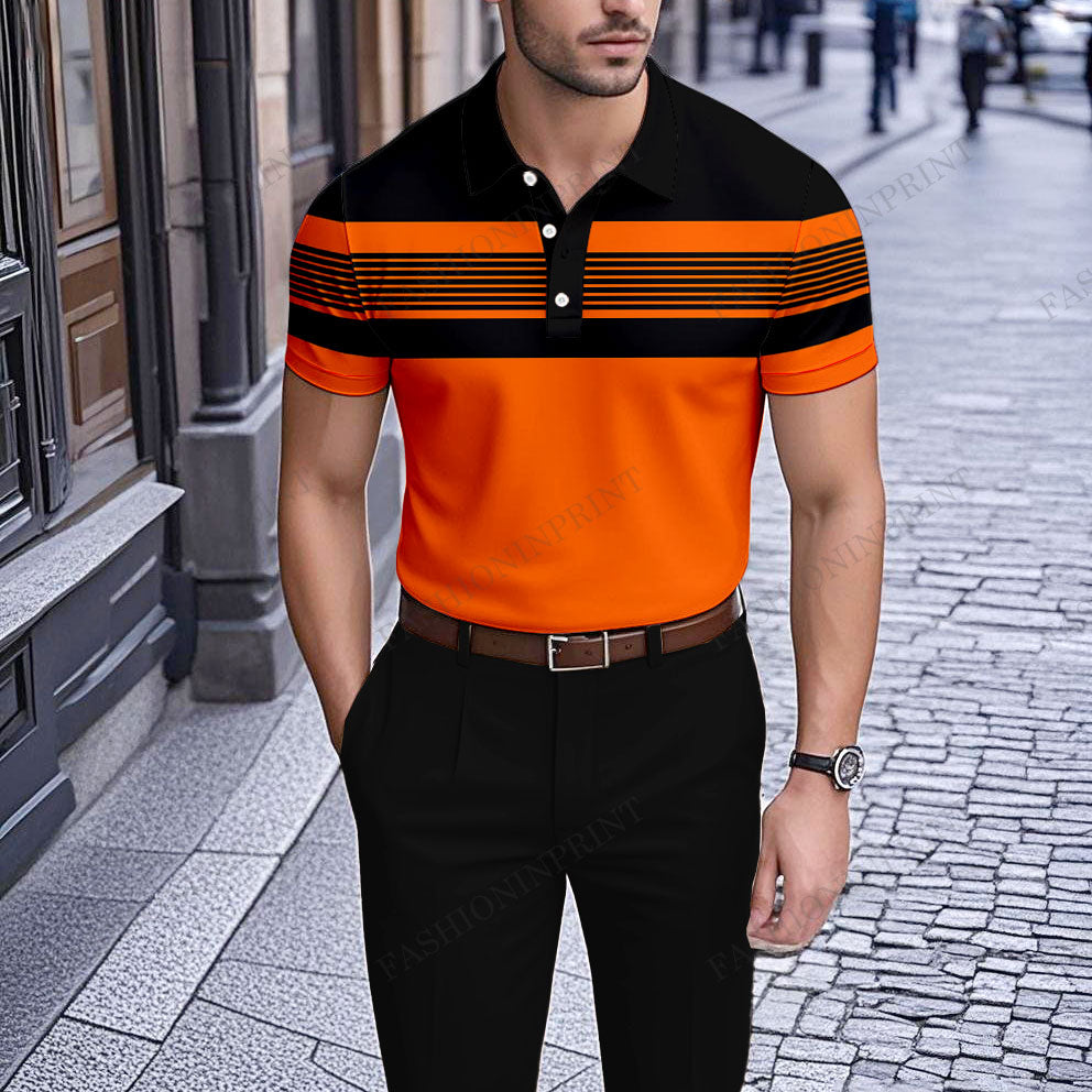 Men's Casual Orange And Black Stripes Printed Short-Sleeve Polo Shirt