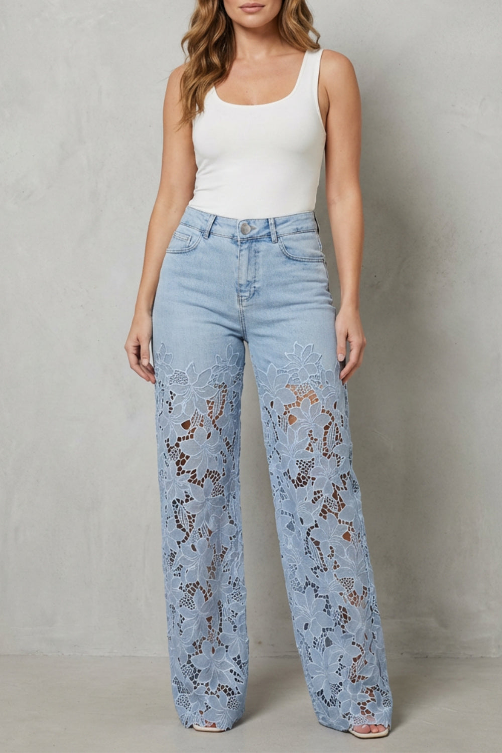 Fashionable and Comfort 🤩 High-Waist Floral Lace Palazzo Jeans