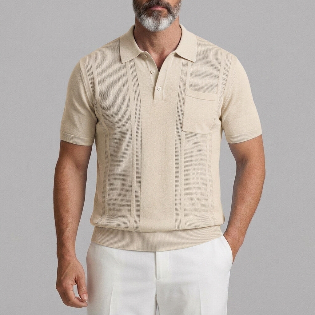 Men's Solid Color Pit Stripe Patch Pocket Knitted Polo Shirt