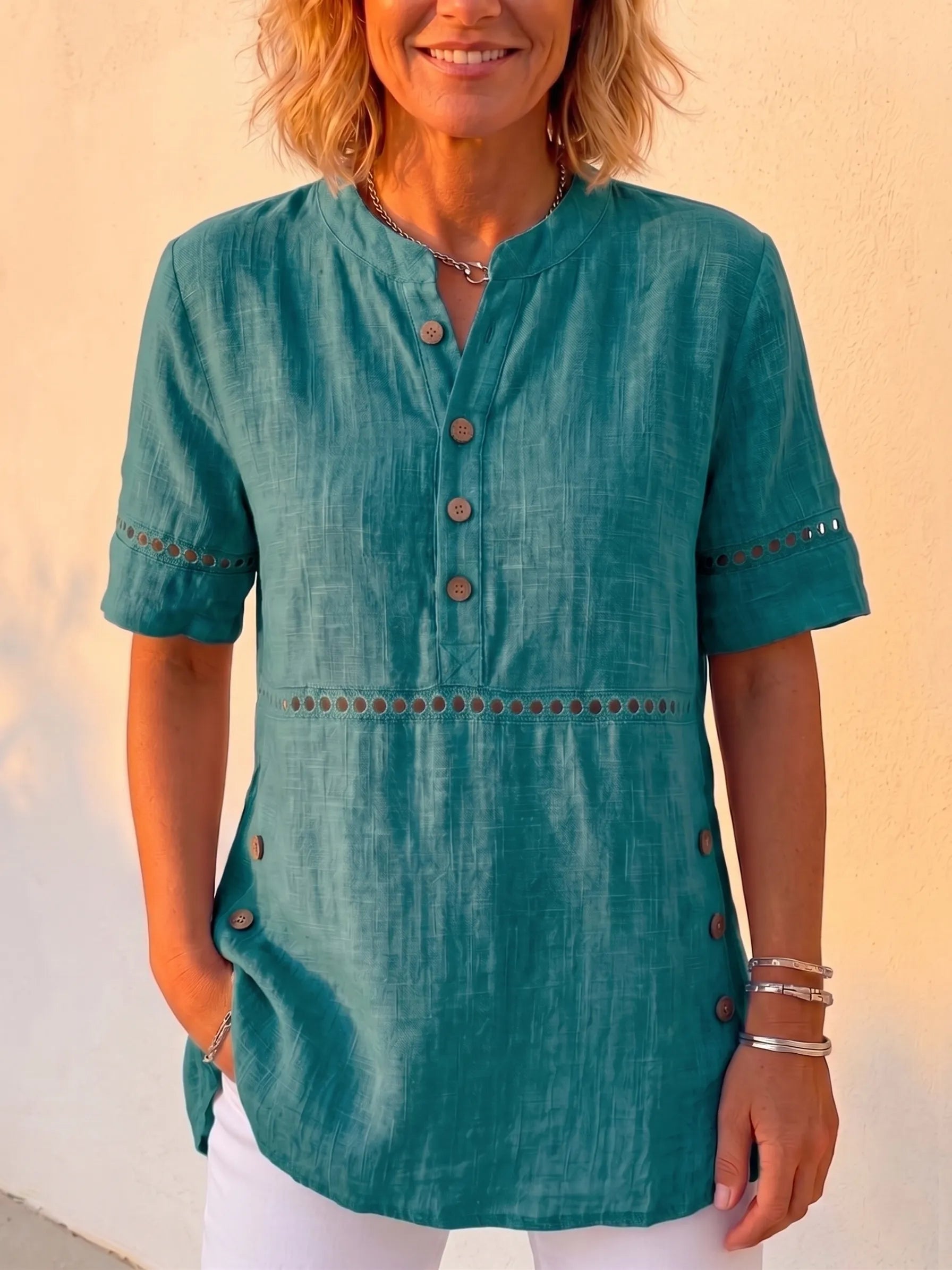Clearance Sale🔥 Vintage Cotton-Linen Look Eyelet Embroidery Short Sleeve Blouse - Casual Half-Placket Button-Down Breathable Tunic Top
