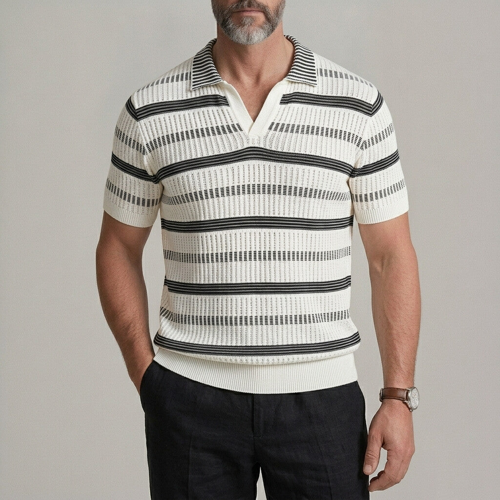 Men's Casual Striped Hollow Out Cable Knitted Breathable Polo Shirt