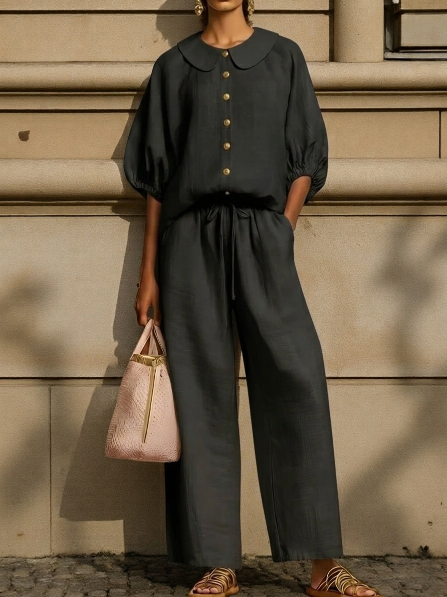 Clearance Sale🔥 Stylish Peter Pan Collar Shirt And Wide-leg Pant Linen Two-piece Set
