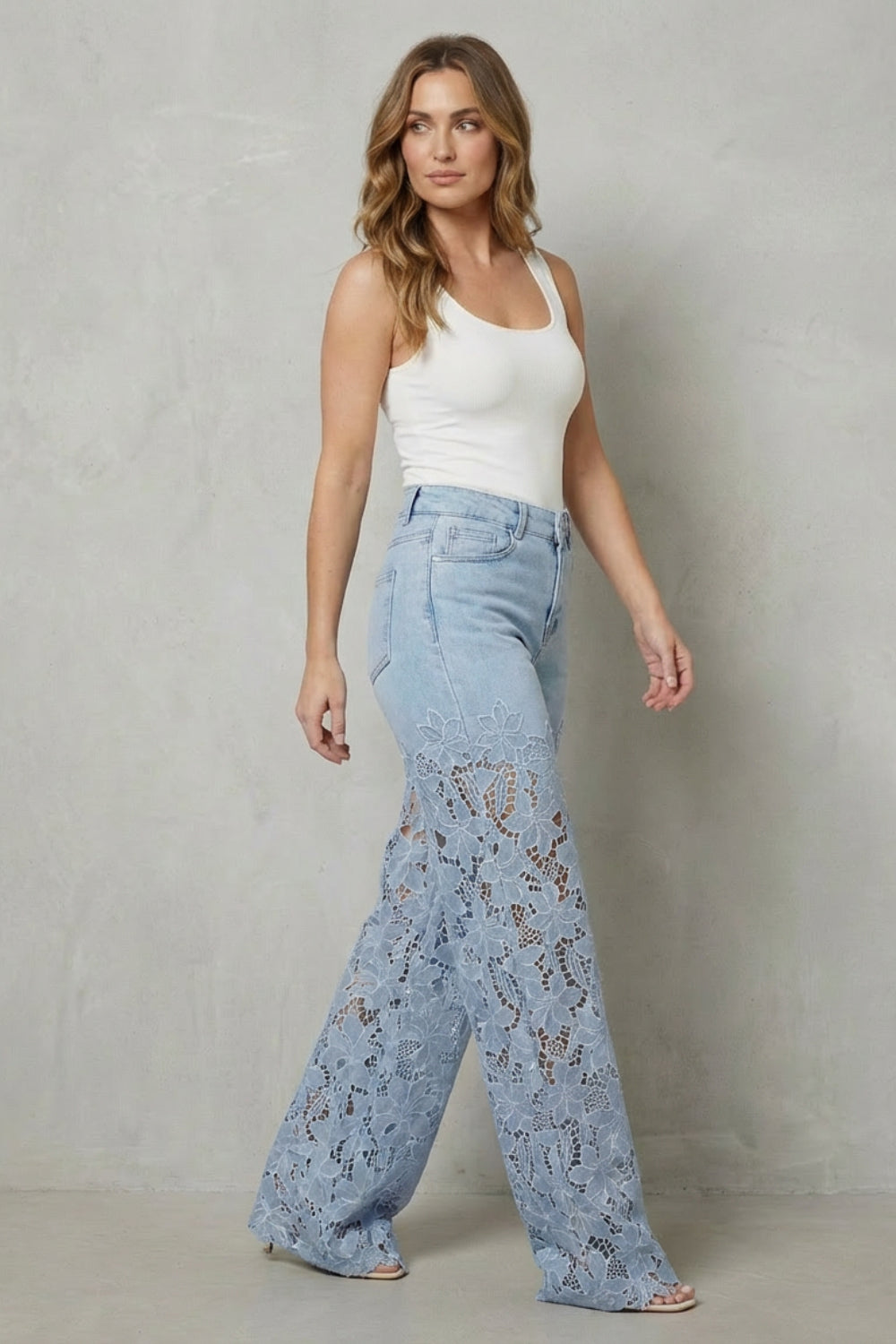 Fashionable and Comfort 🤩 High-Waist Floral Lace Palazzo Jeans