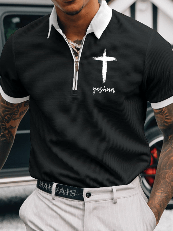 Men's Faith Printed Casual Zip-Up Polo Shirt