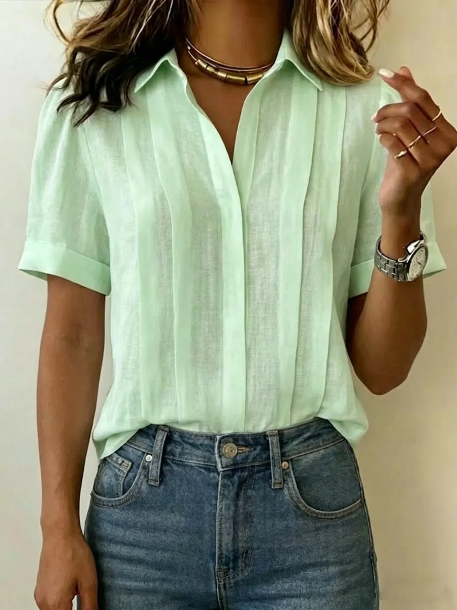 Clearance Sale🔥 Women's Lapel Short-sleeved Casual Loose Pleated Cotton And Linen Shirt T Shirts