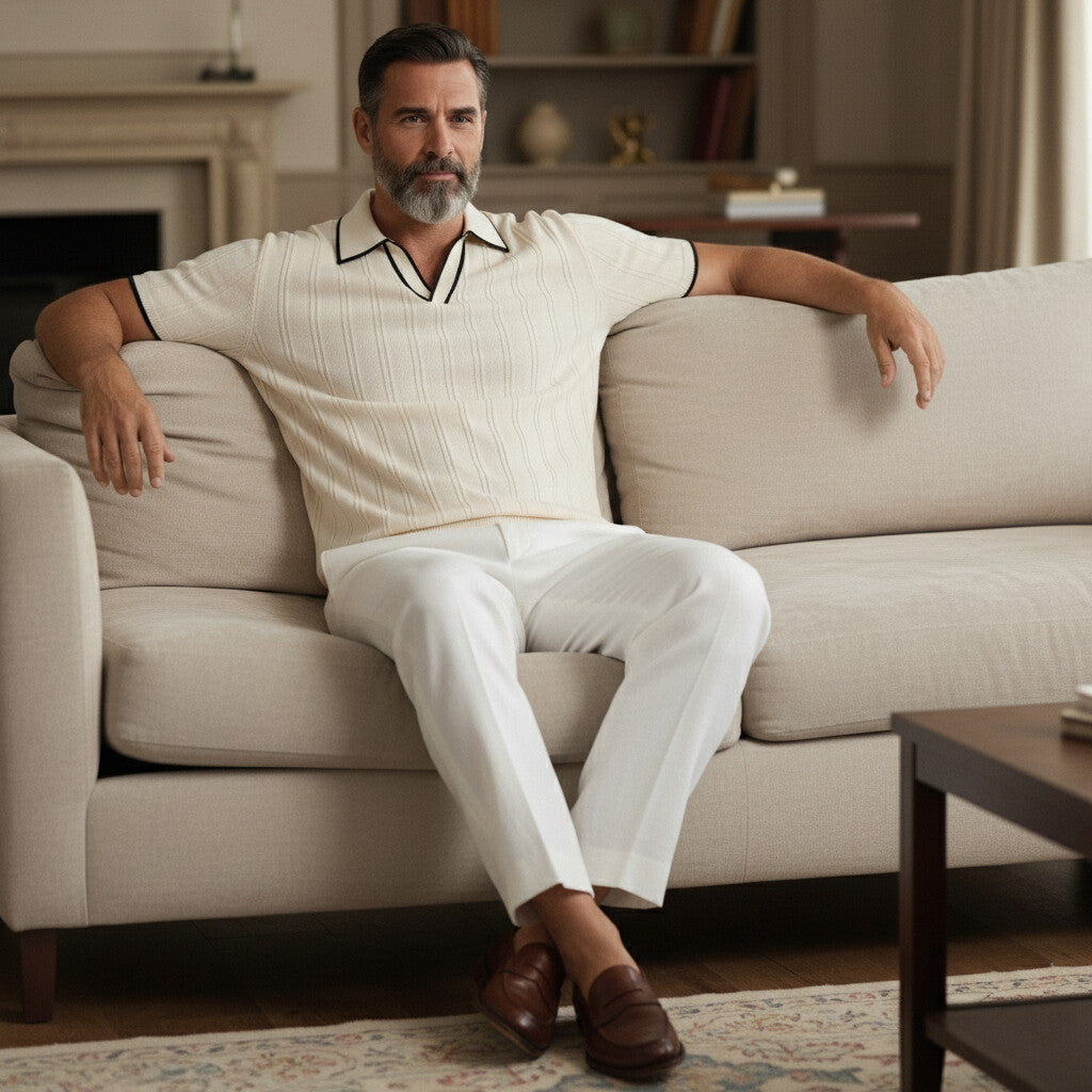 Men's Classic Beige Pit Stripe Contrast Binding Knitted Polo Shirt