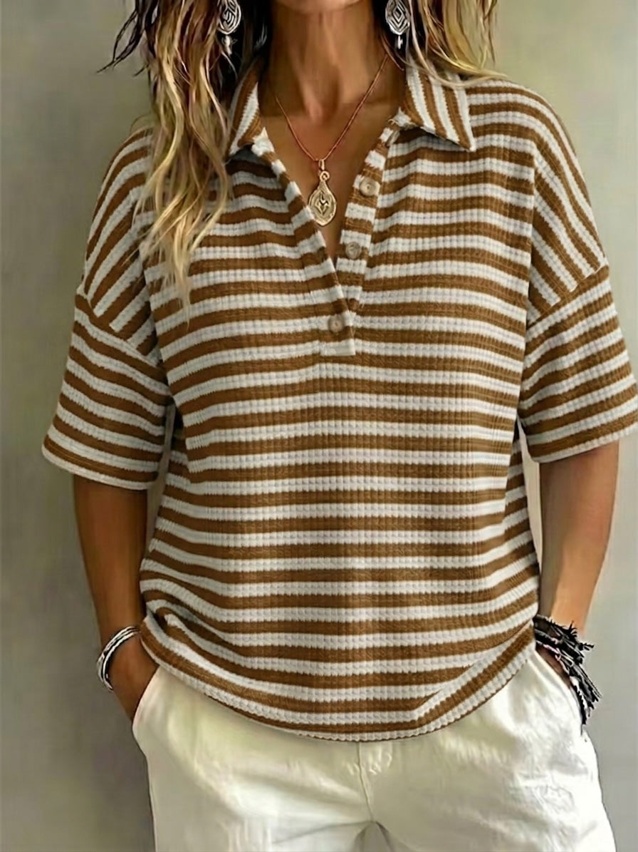 CLEARANCE SALE Women'S Fashion Striped Waffle Short-Sleeved Polo Shirt