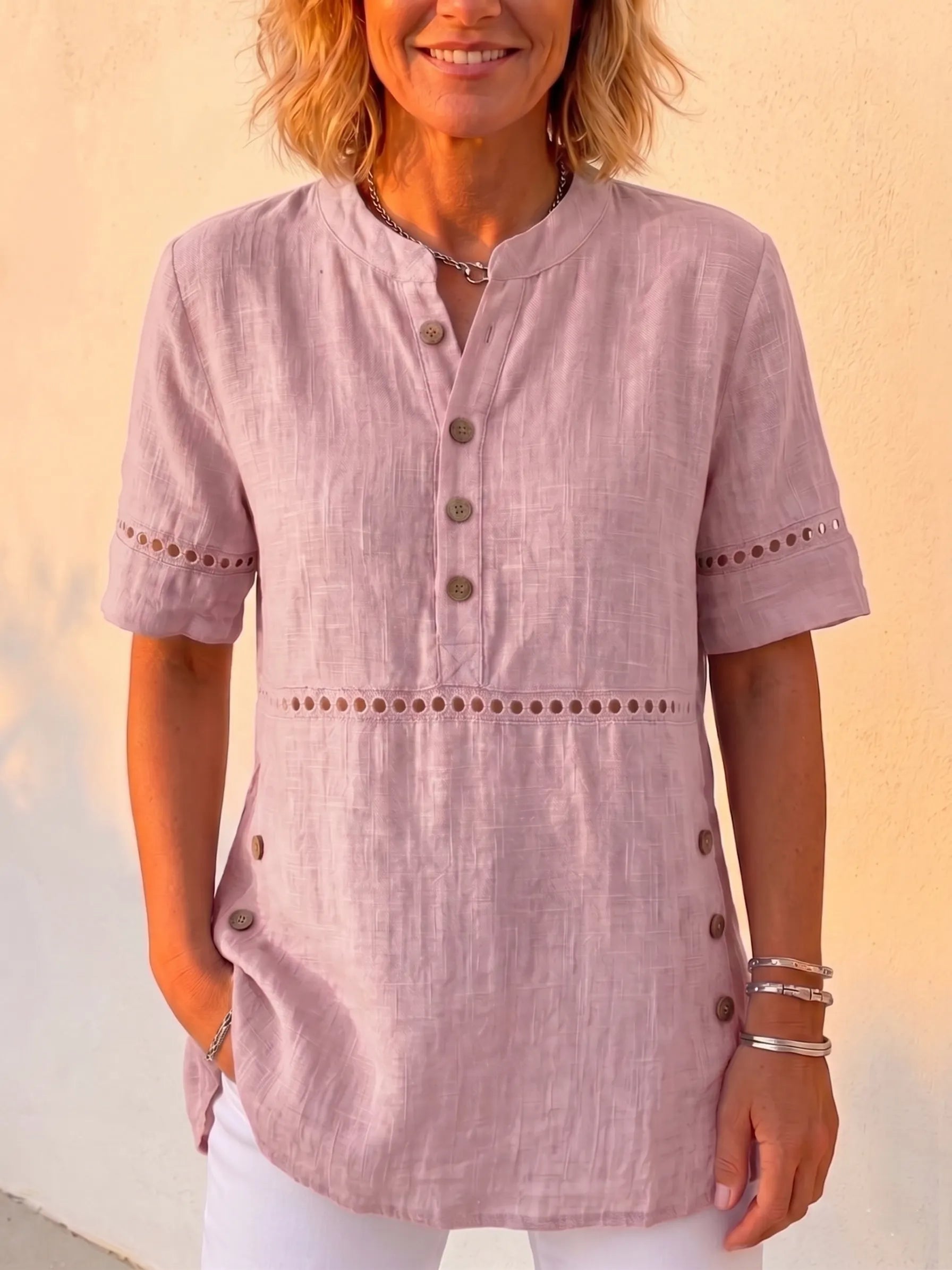 Clearance Sale🔥 Vintage Cotton-Linen Look Eyelet Embroidery Short Sleeve Blouse - Casual Half-Placket Button-Down Breathable Tunic Top
