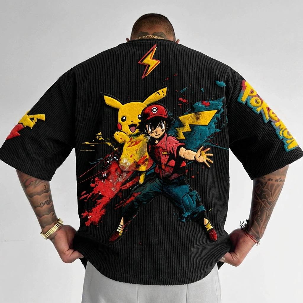 Pokémon Unisex Anime-Style Retro Corduroy Oversized T-Shirt