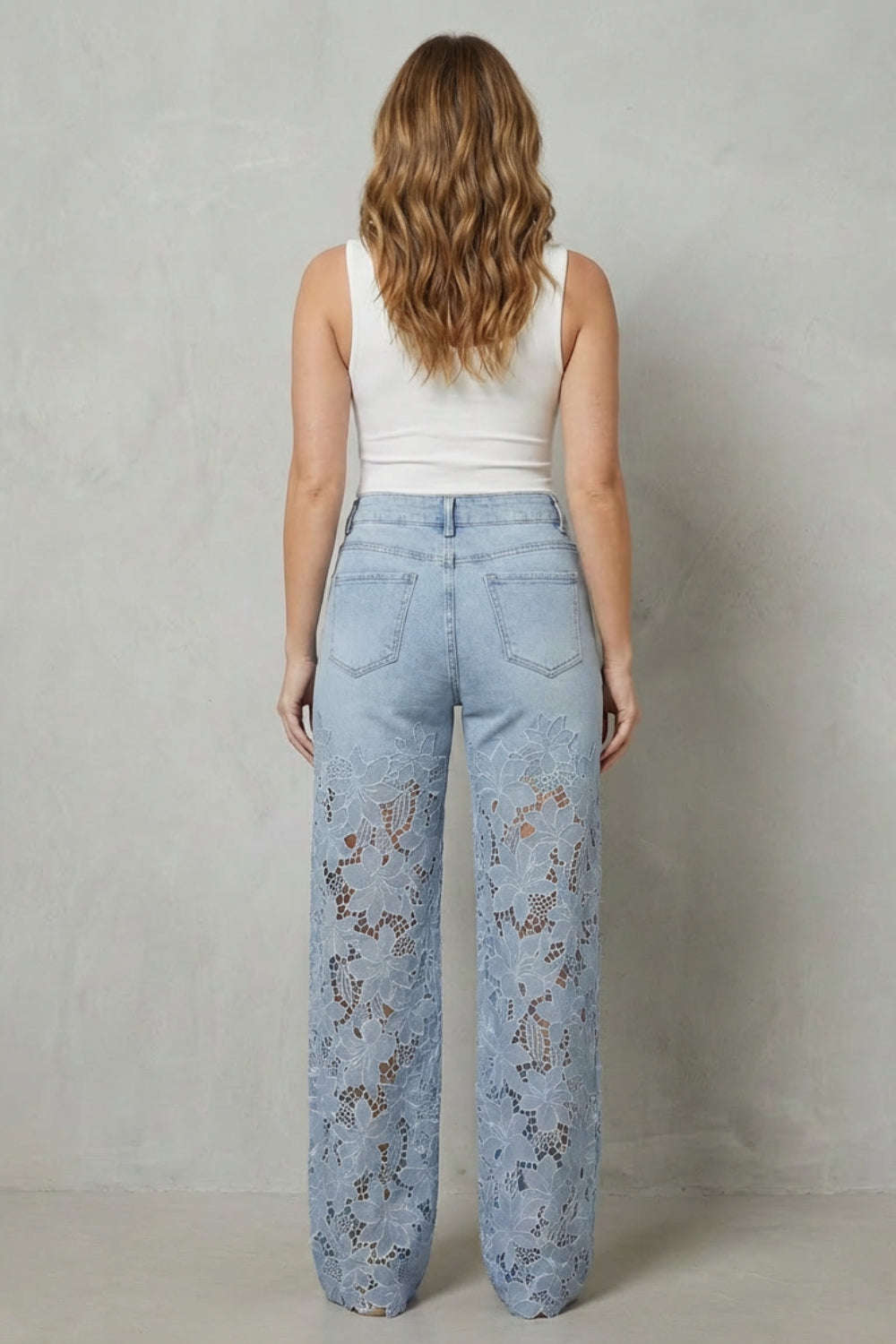 Fashionable and Comfort 🤩 High-Waist Floral Lace Palazzo Jeans