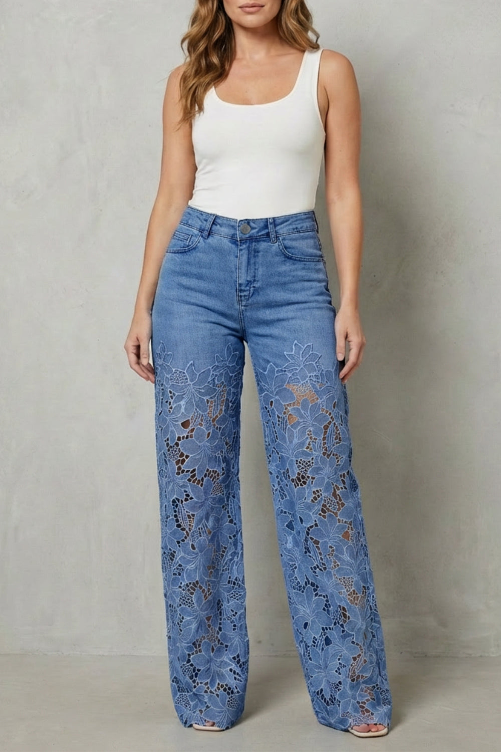 Fashionable and Comfort 🤩 High-Waist Floral Lace Palazzo Jeans
