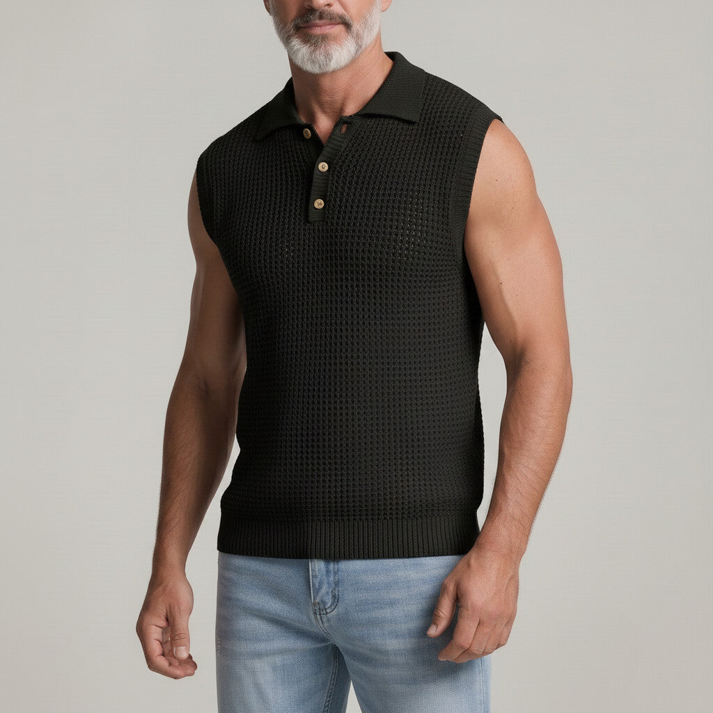 Men's Solid Color Crochet Hollow Out Breathable Sleeveless Polo Shirt