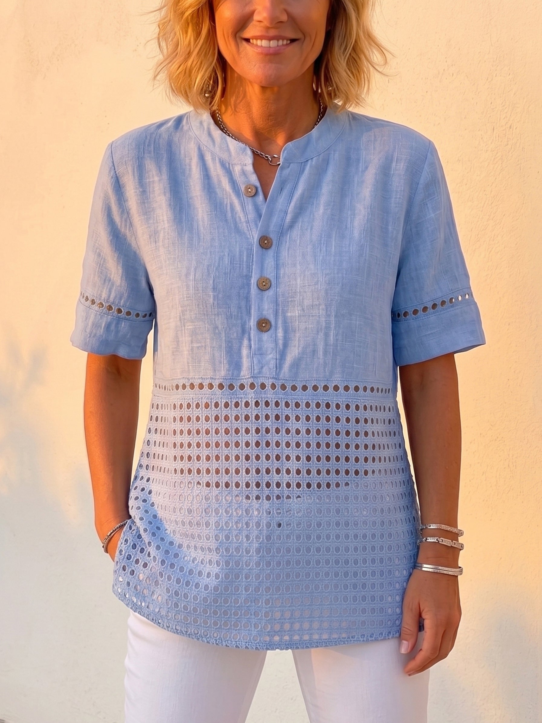 Clearance Sale🔥 Women's Vintage Cotton Linen Eyelet Lace Short Sleeve Shirt, Boho Button-Up Henley Blouse