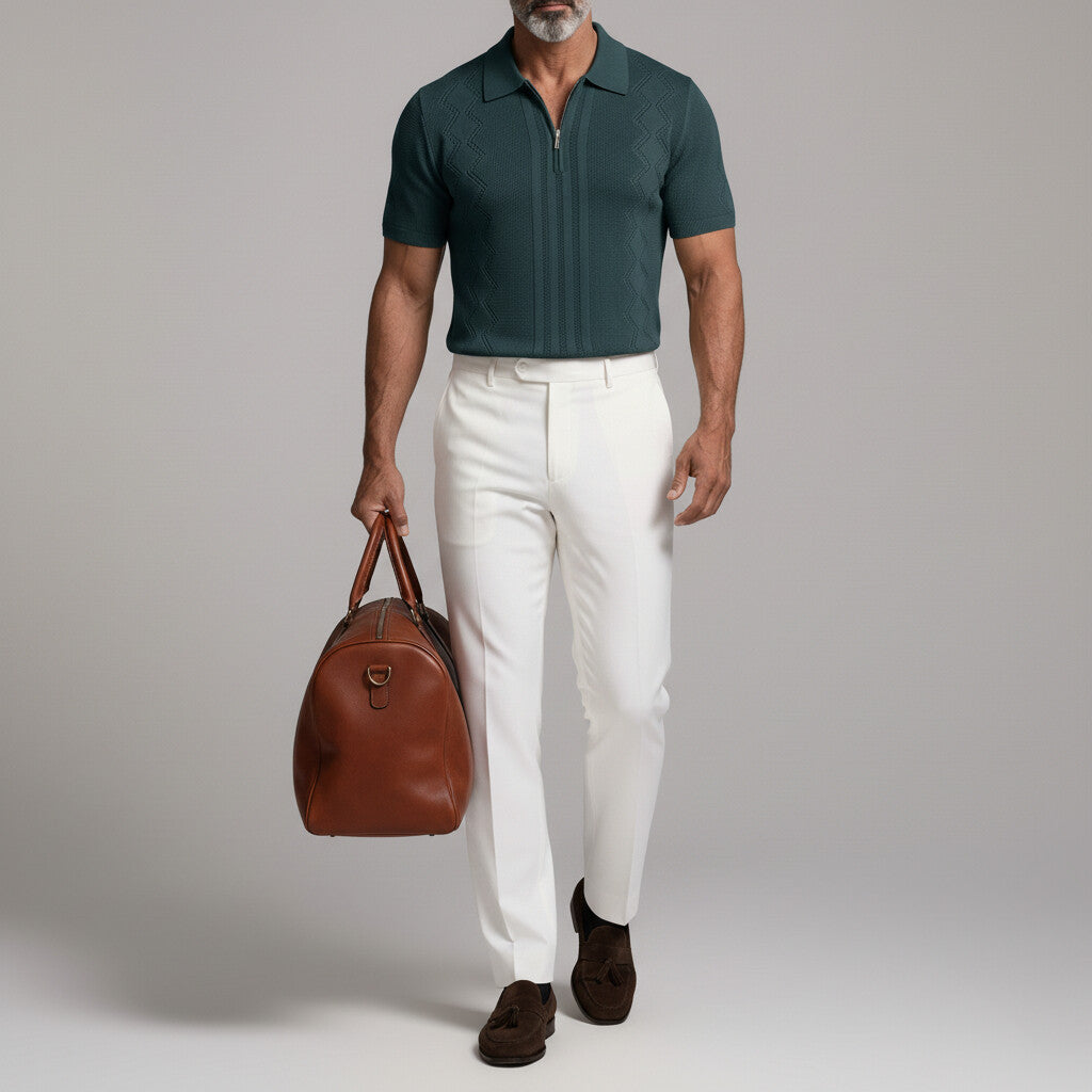 Men's Casual Solid Color Zipper Slim Fit Pullover Knit Polo Shirt
