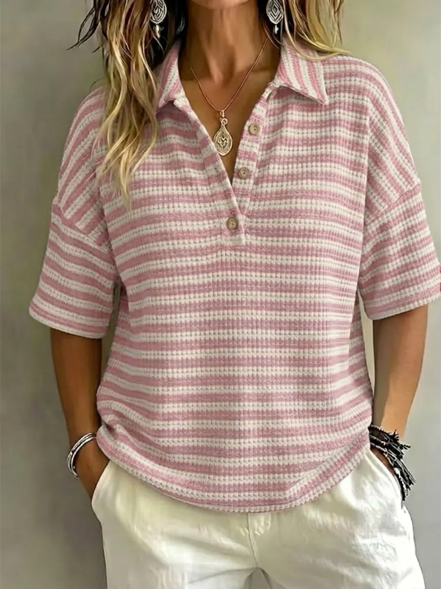 CLEARANCE SALE Women'S Fashion Striped Waffle Short-Sleeved Polo Shirt