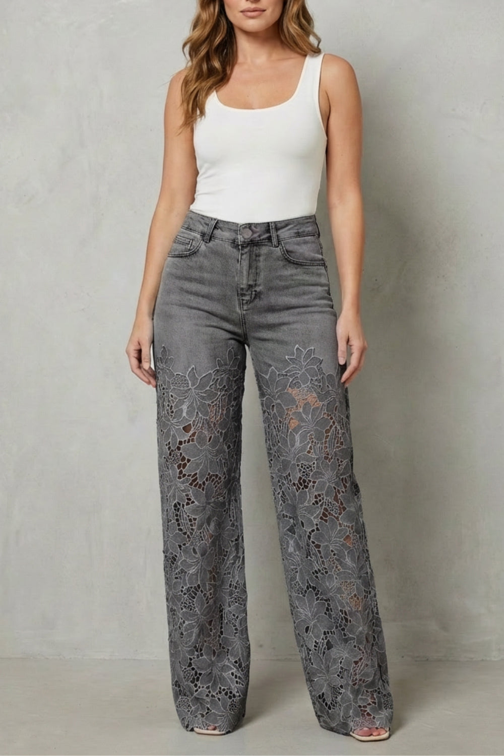 Fashionable and Comfort 🤩 High-Waist Floral Lace Palazzo Jeans