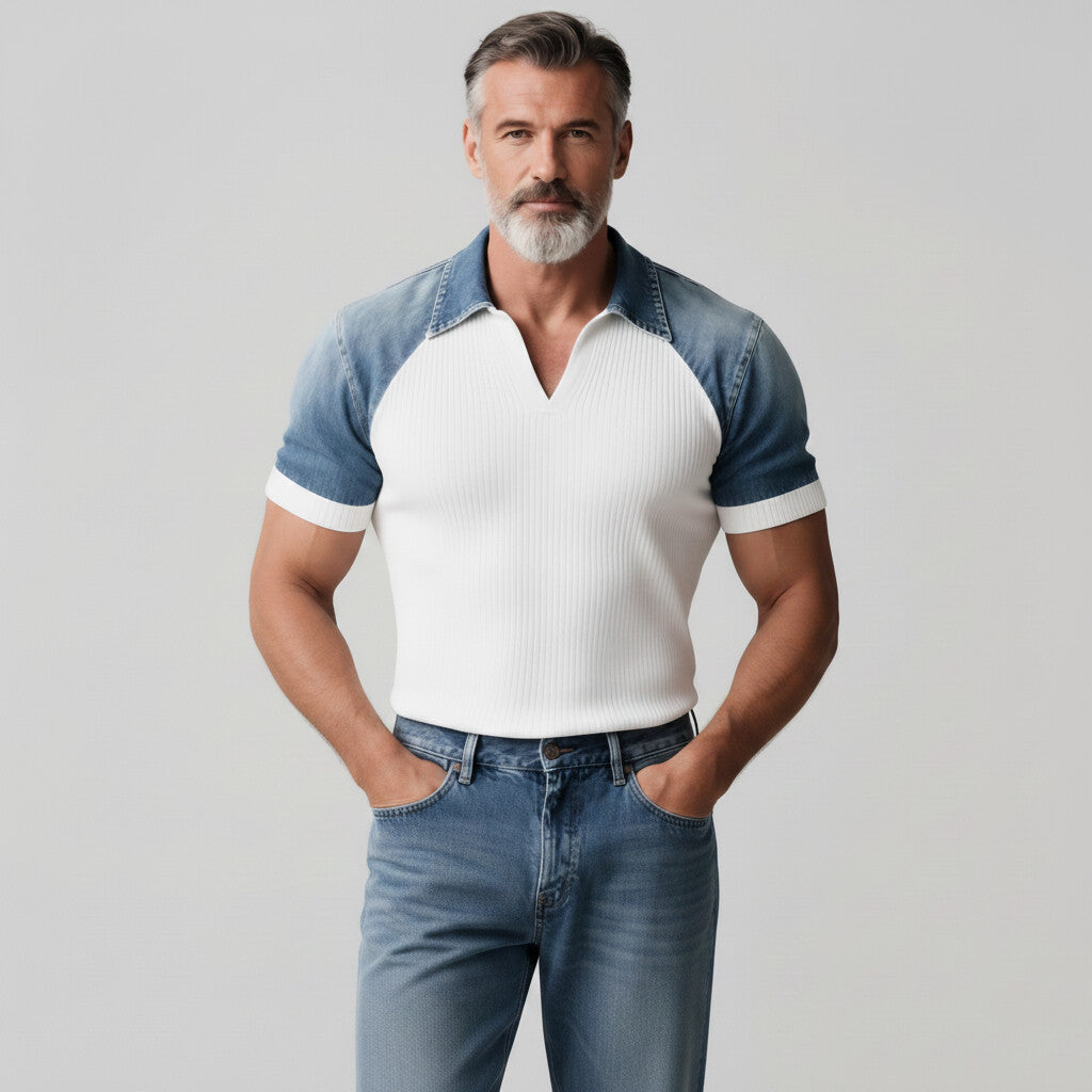 Men's White Ribbed Knit Denim Patchwork Short Sleeve Polo Shirt