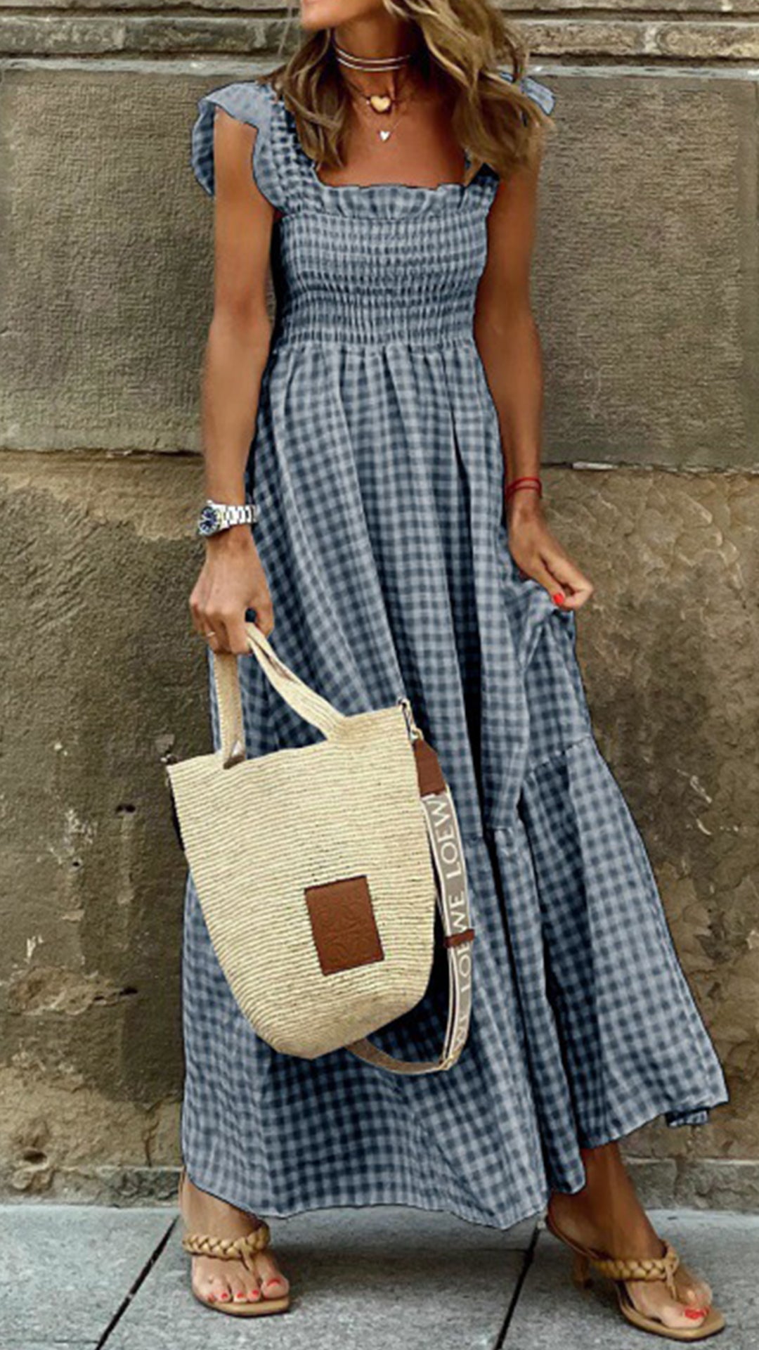 Women's  Beige Gingham Linen-Blend Maxi Dress
