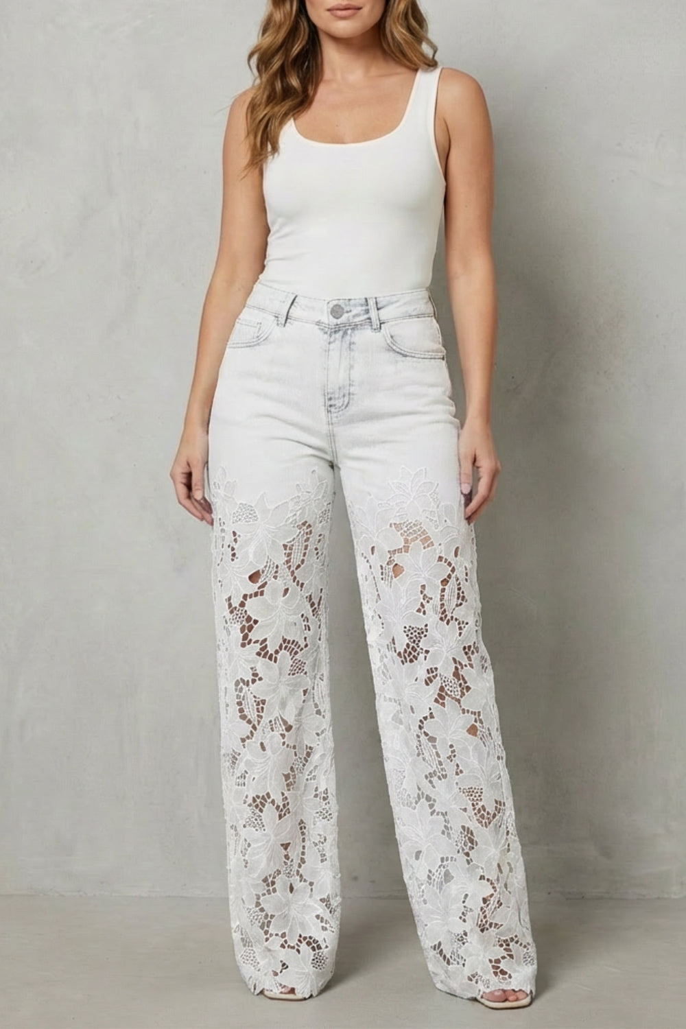Fashionable and Comfort 🤩 High-Waist Floral Lace Palazzo Jeans