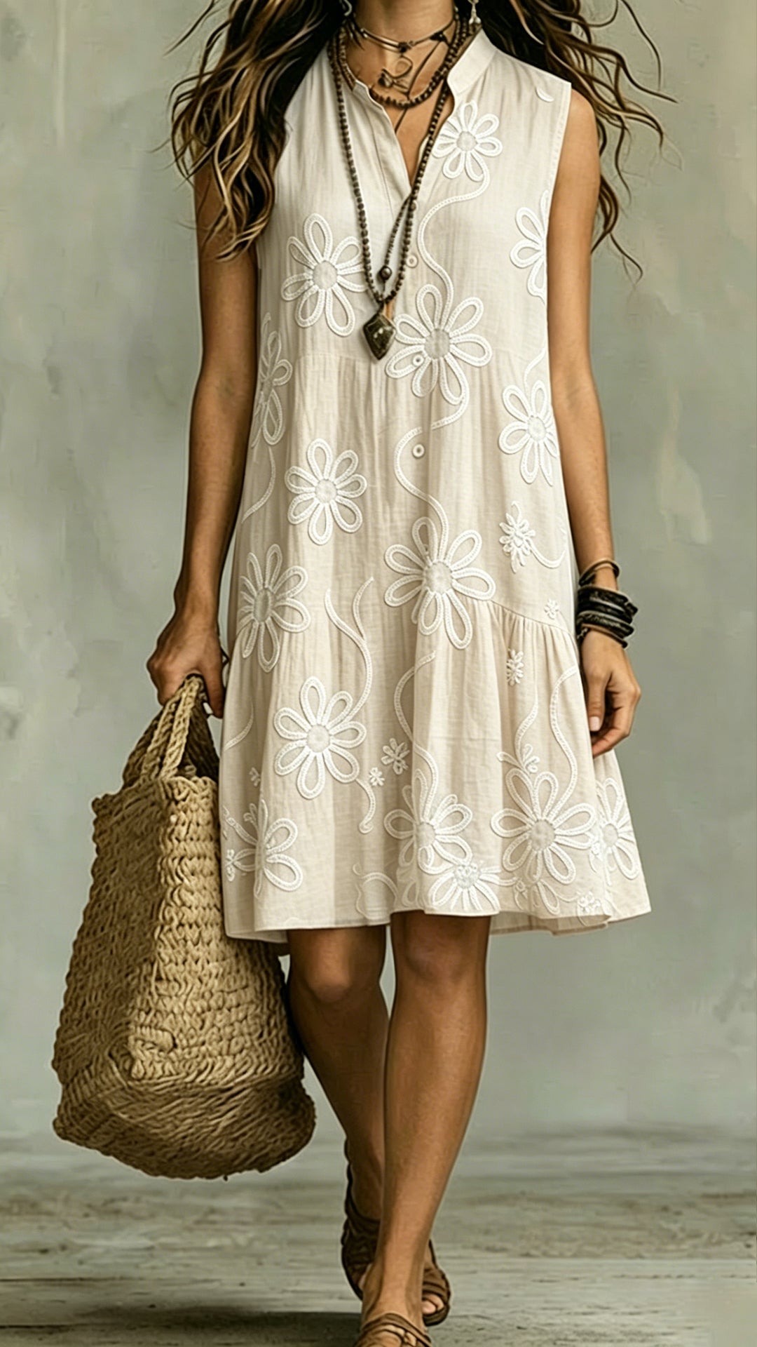 Women's Floral Print Linen-Blend Sleeveless Dress