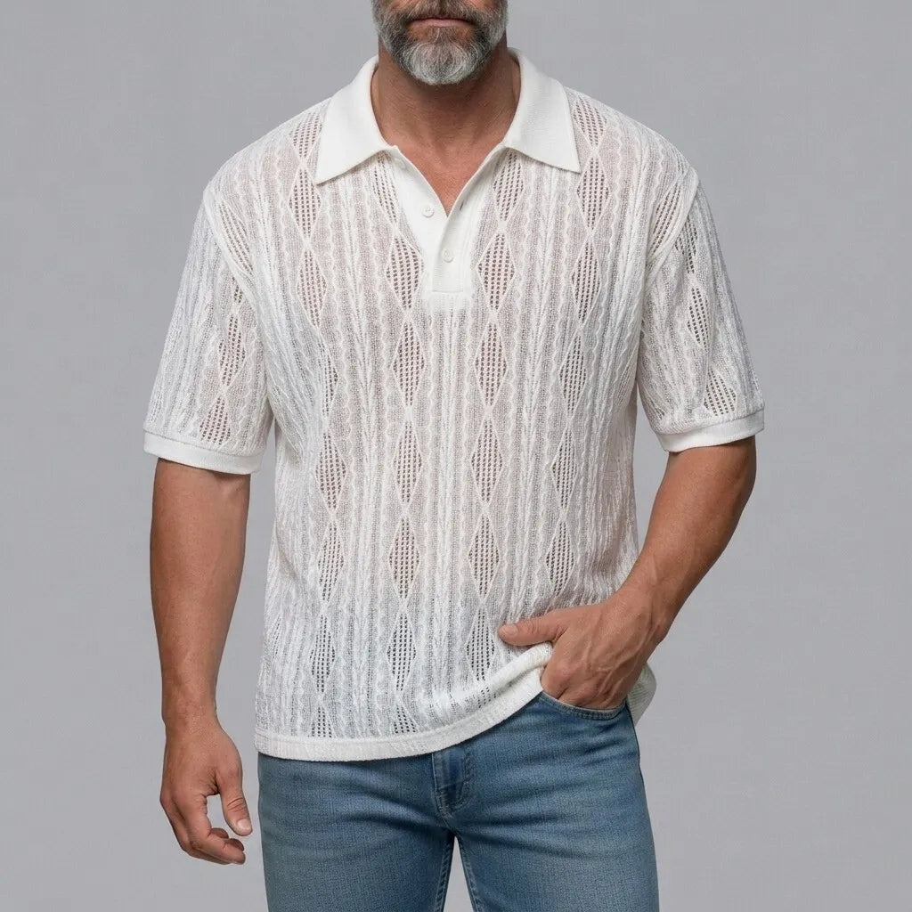 Men's Solid Color Diamond Pattern Textured Hollow Out Casual Polo Shirt
