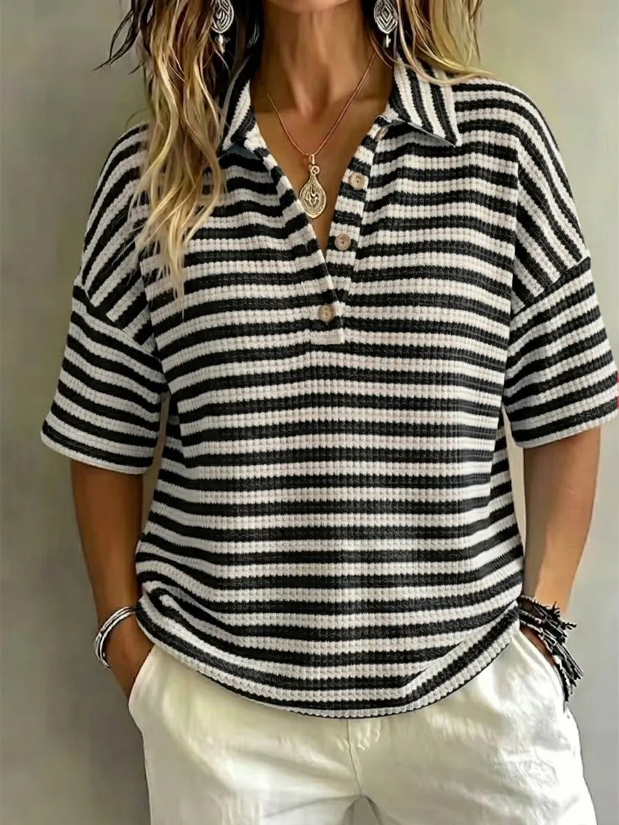 CLEARANCE SALE Women'S Fashion Striped Waffle Short-Sleeved Polo Shirt