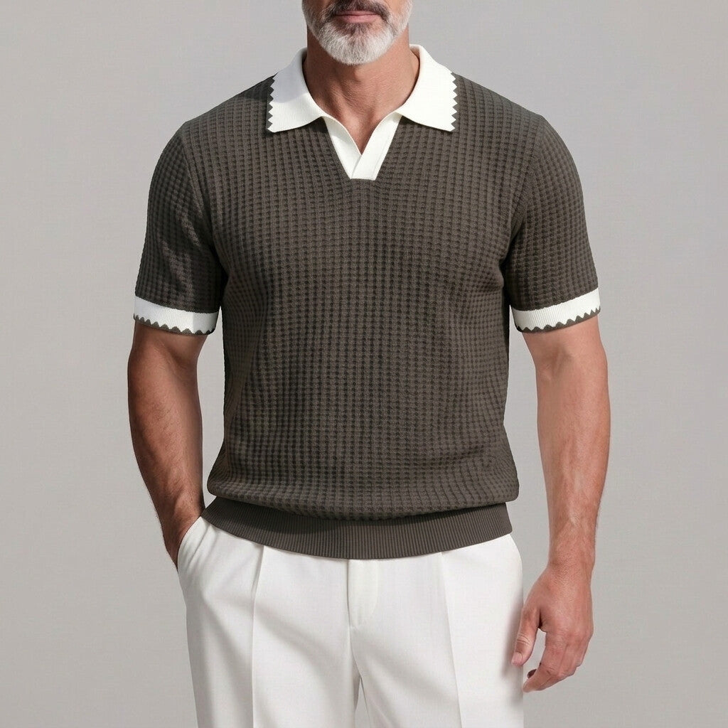 Men's Casual Scalloped Pattern Turndown Collar Short Sleeve Textured Polo Shirt