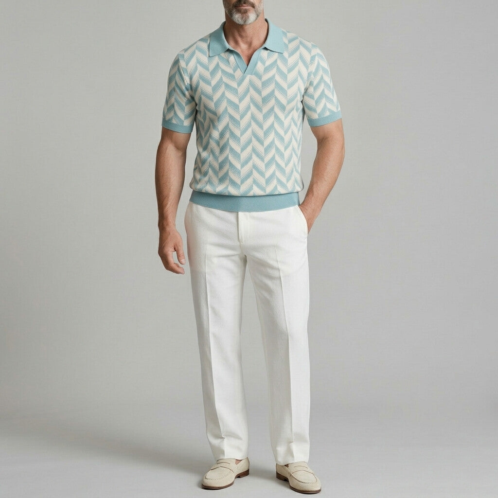 Men's Casual Geometric Pattern Jacquard Knit Polo Shirt