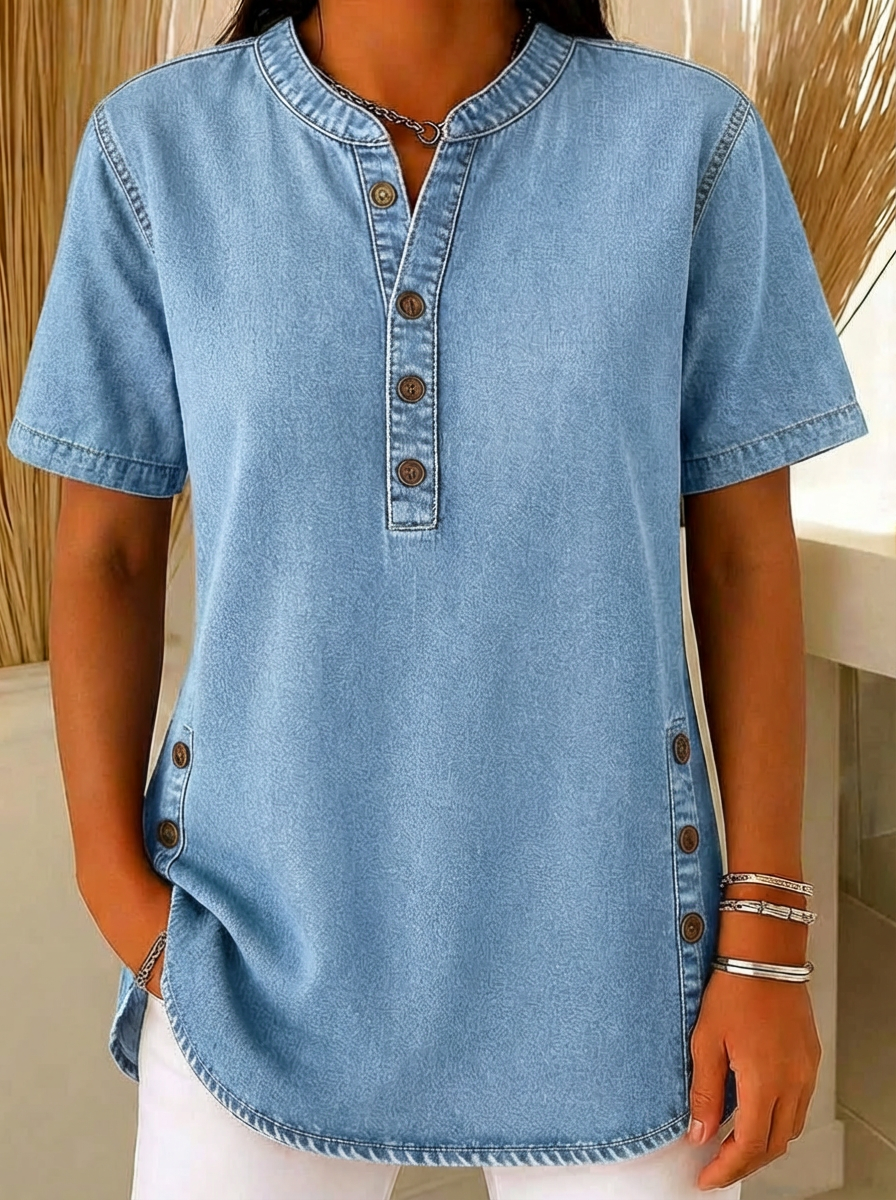 Clearance Sale🔥 Women's V-neck short-sleeved Casual Button-up Loose Denim Top