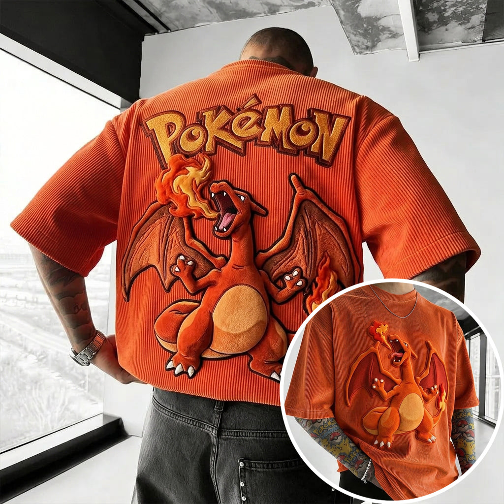 Pokémon Unisex Anime-Style Retro Corduroy Oversized T-Shirt
