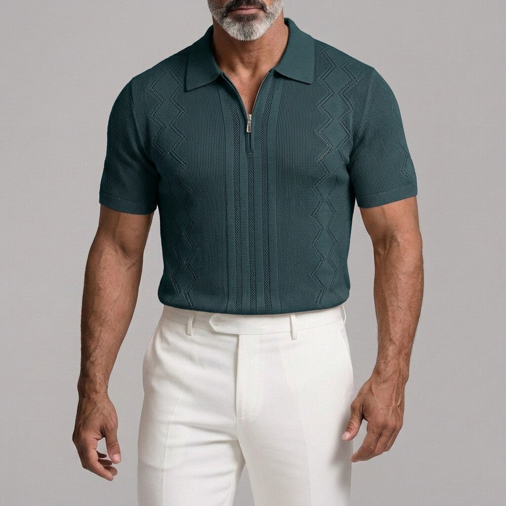 Men's Casual Solid Color Zipper Slim Fit Pullover Knit Polo Shirt
