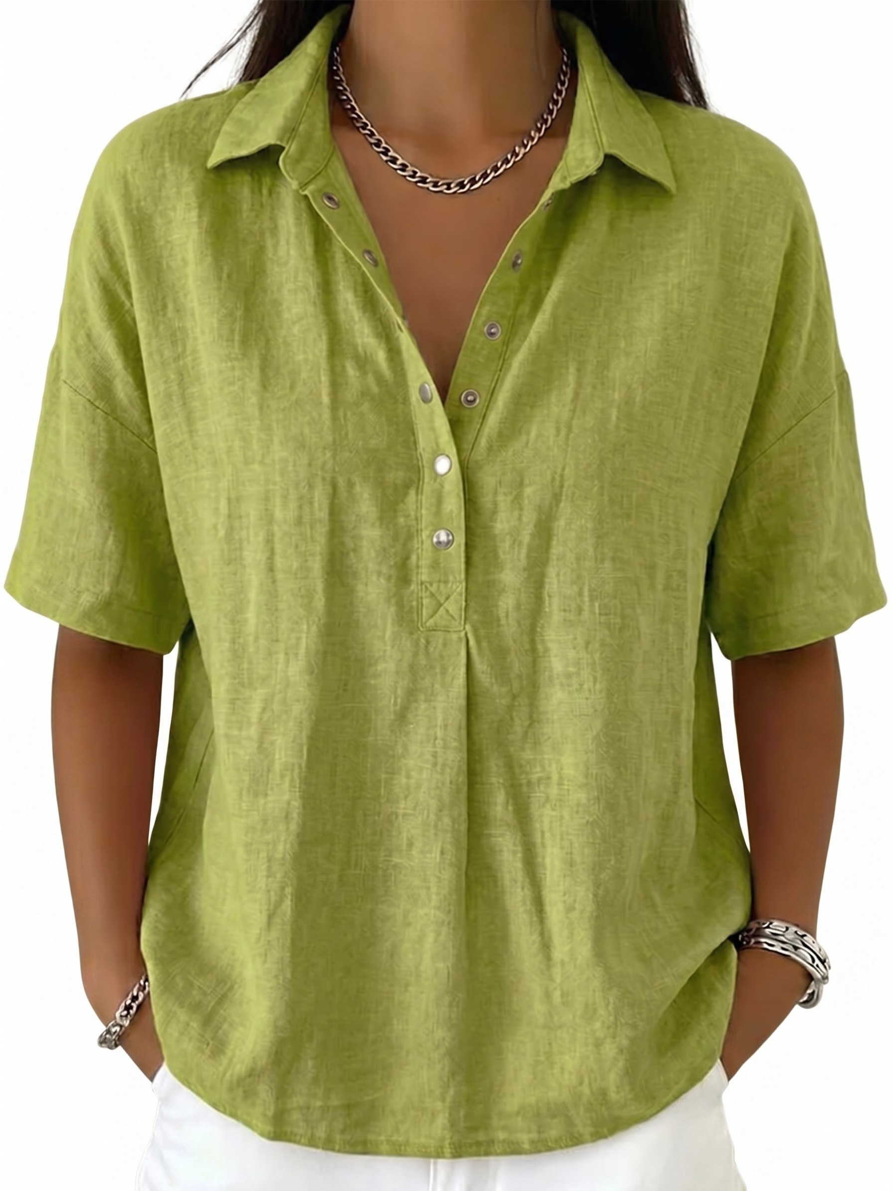 Women's Classic Linen Shirt Collar Short Sleeve Shirt T Shirts