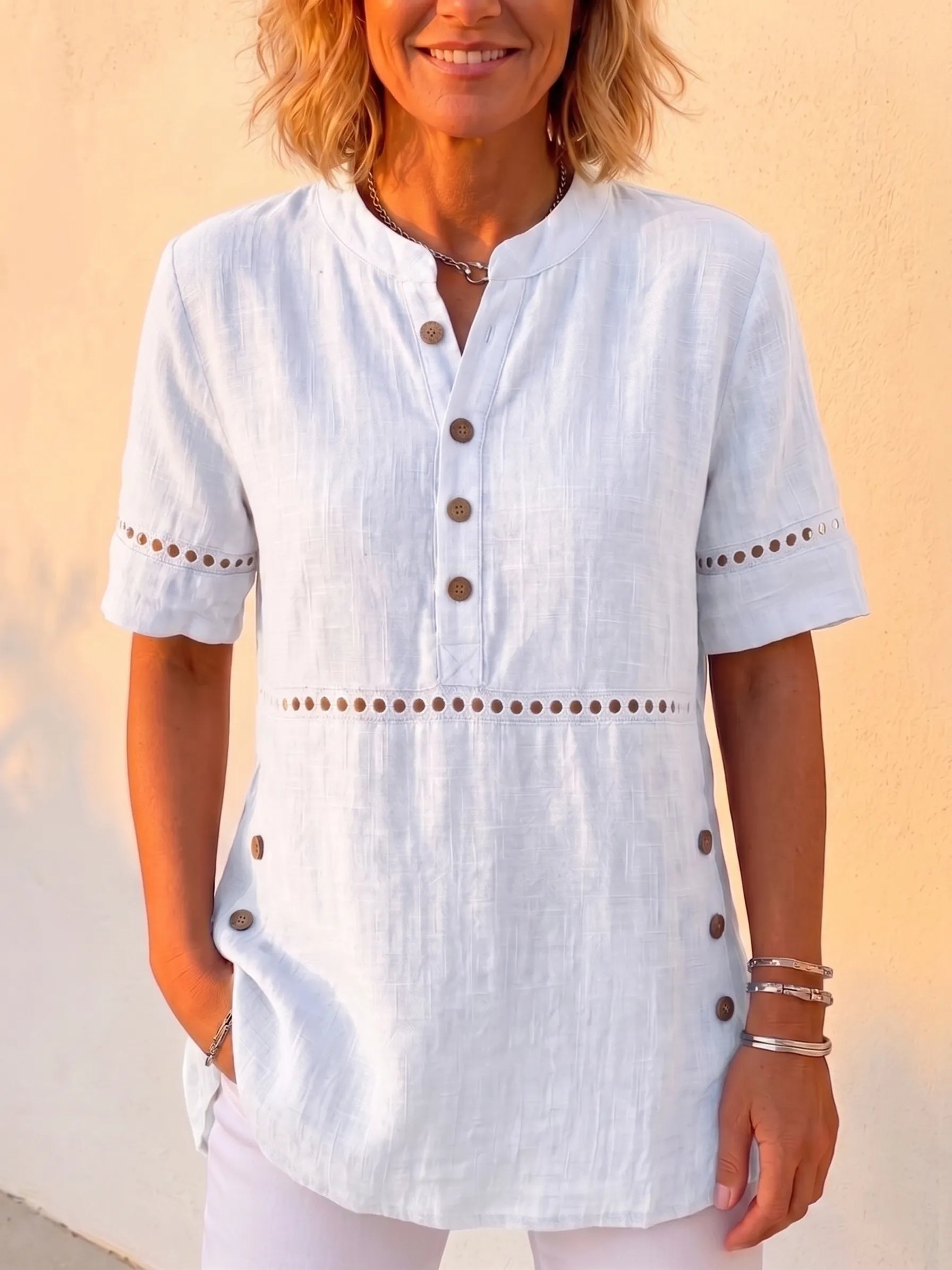 Clearance Sale🔥 Vintage Cotton-Linen Look Eyelet Embroidery Short Sleeve Blouse - Casual Half-Placket Button-Down Breathable Tunic Top