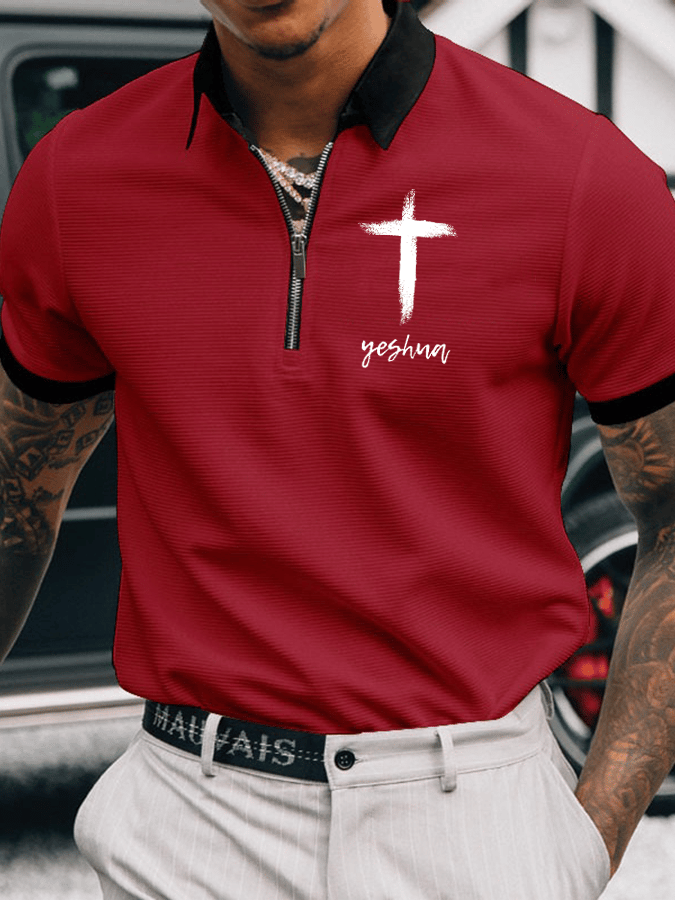Men's Faith Printed Casual Zip-Up Polo Shirt