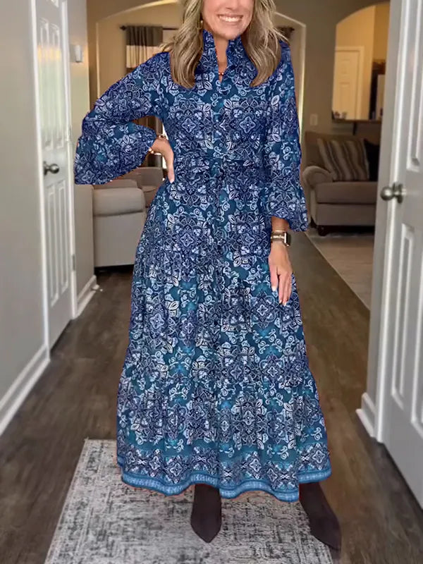 NEW🔥 Vintage Printed Long Sleeve Dress with Tie Belt