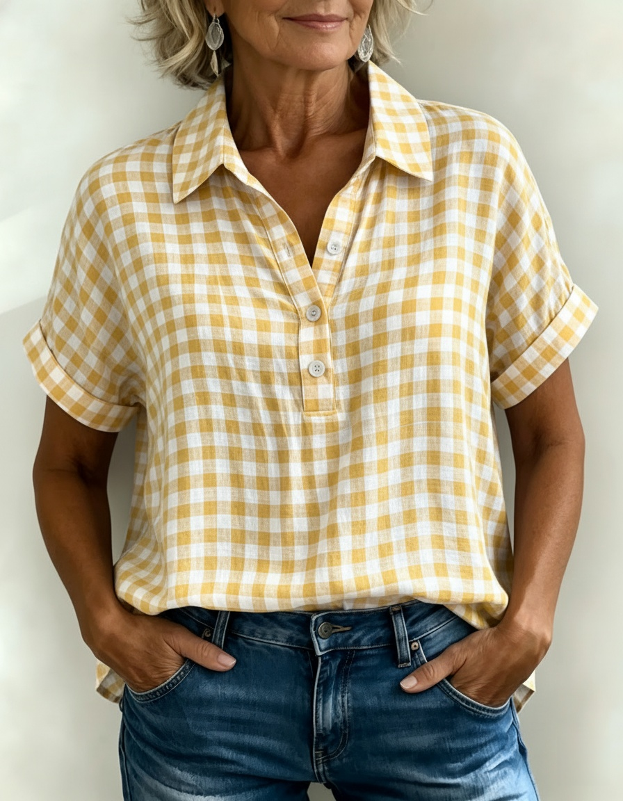 Casual Gingham Cotton-Linen Blouse