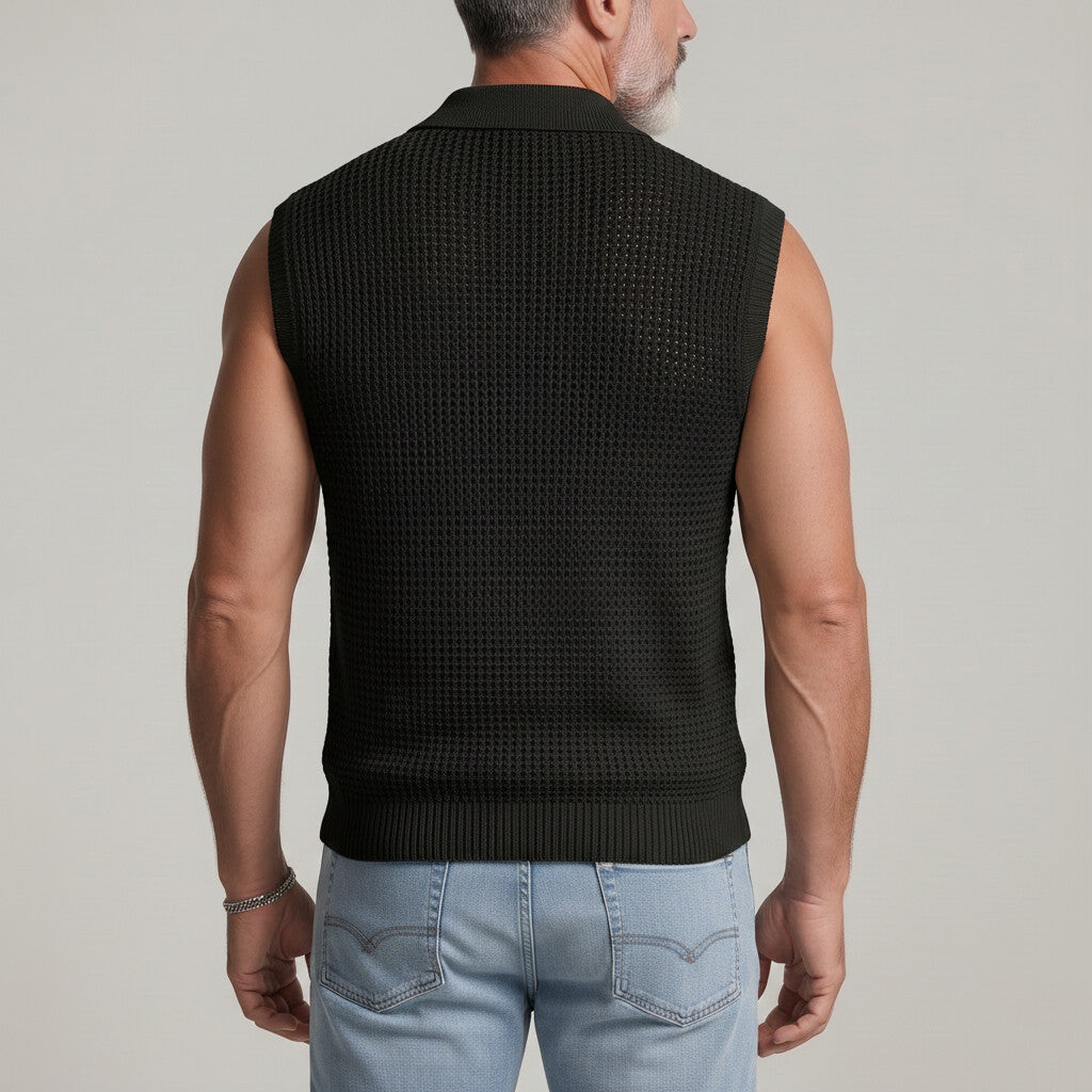 Men's Solid Color Crochet Hollow Out Breathable Sleeveless Polo Shirt