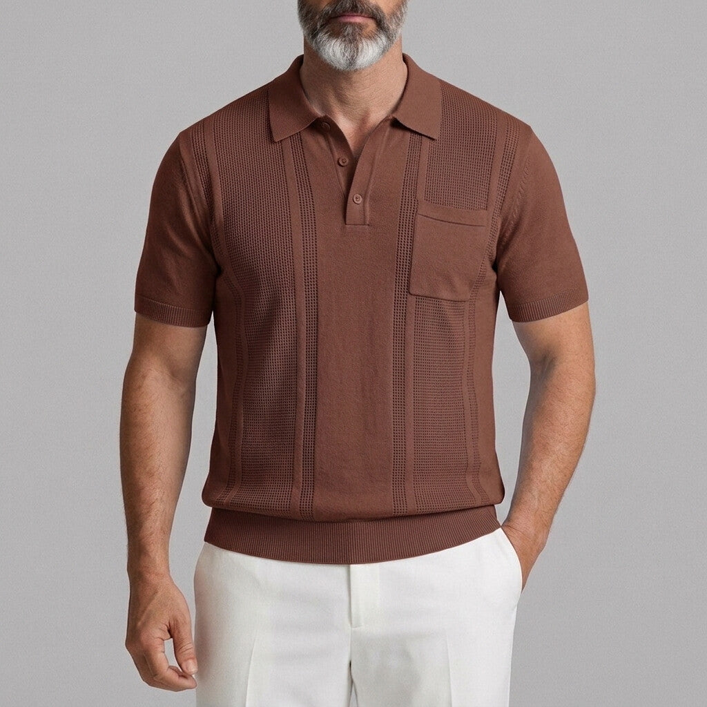 Men's Solid Color Pit Stripe Patch Pocket Knitted Polo Shirt