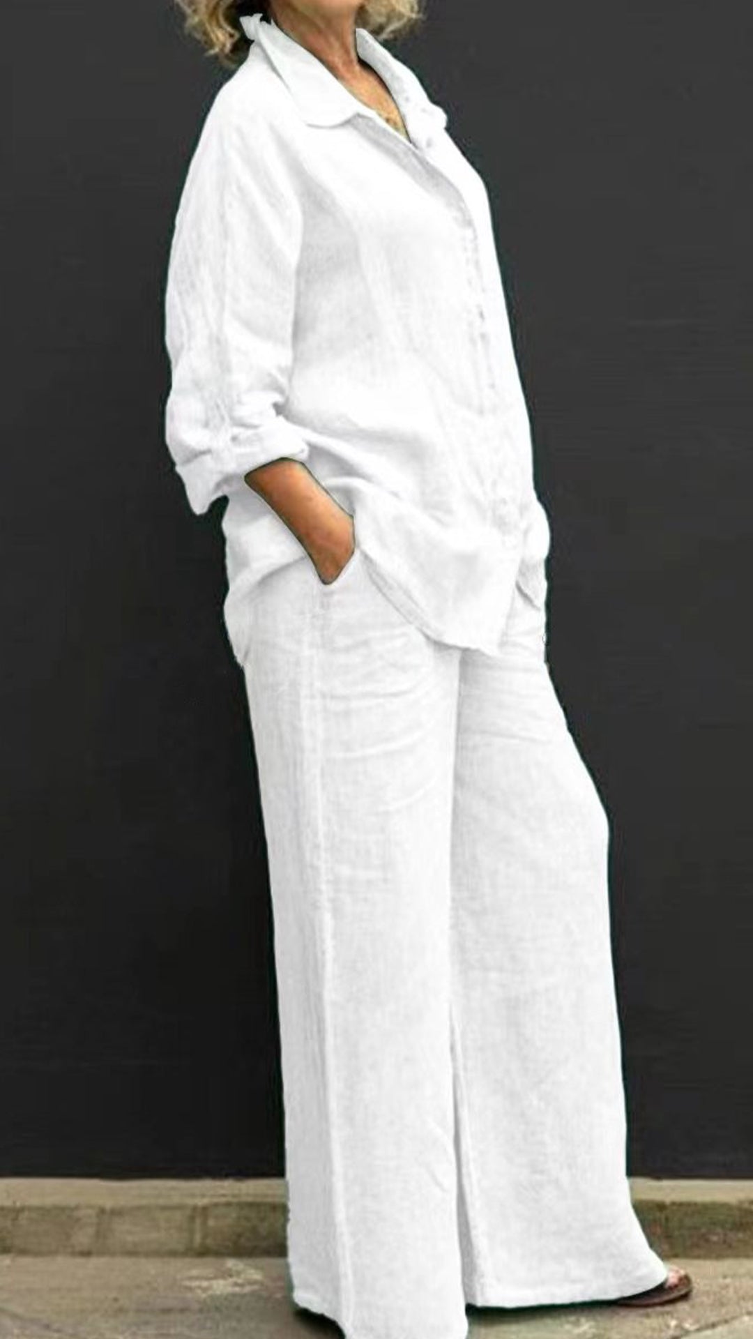 Women's Linen Lapel Shirt & Wide-Leg Pants Two-Piece Set