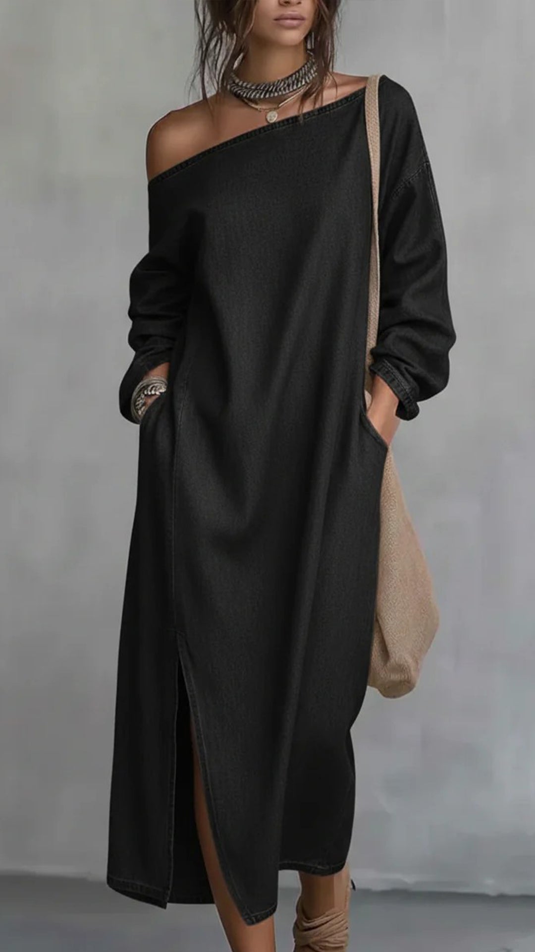 Women's Denim Off-the-Shoulder Long-Sleeve Dress