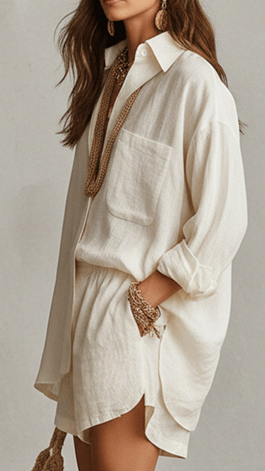 Women's Cotton-Blend Textured Shirt & Shorts Set