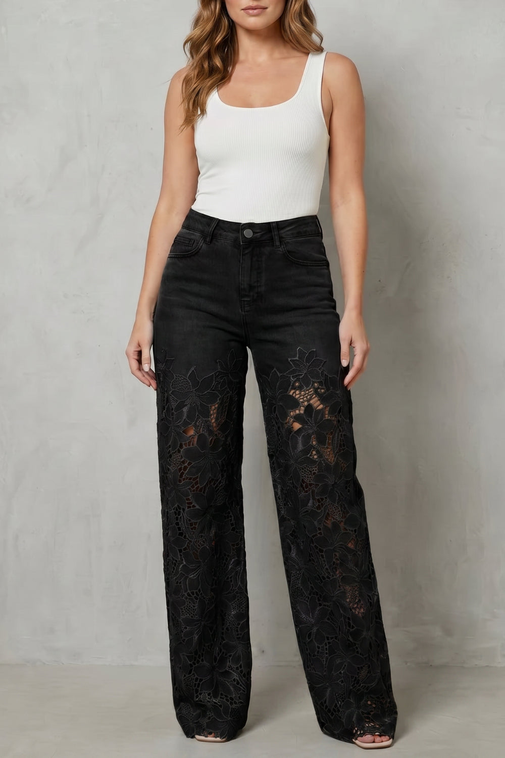 Fashionable and Comfort 🤩 High-Waist Floral Lace Palazzo Jeans