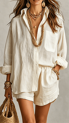 Women's Cotton-Blend Textured Shirt & Shorts Set