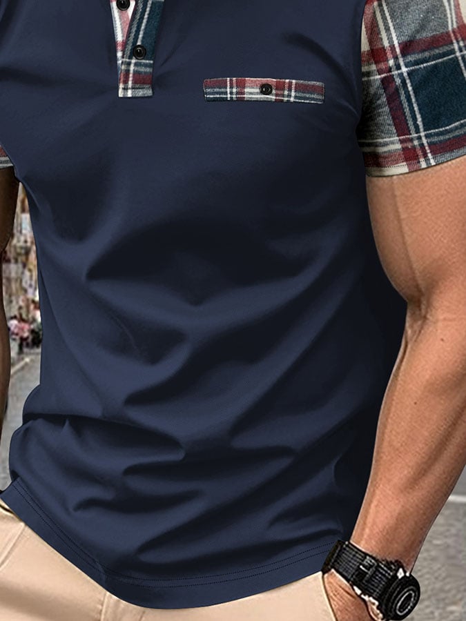 Men'S Casual Patchwork Checked Polo Shirt