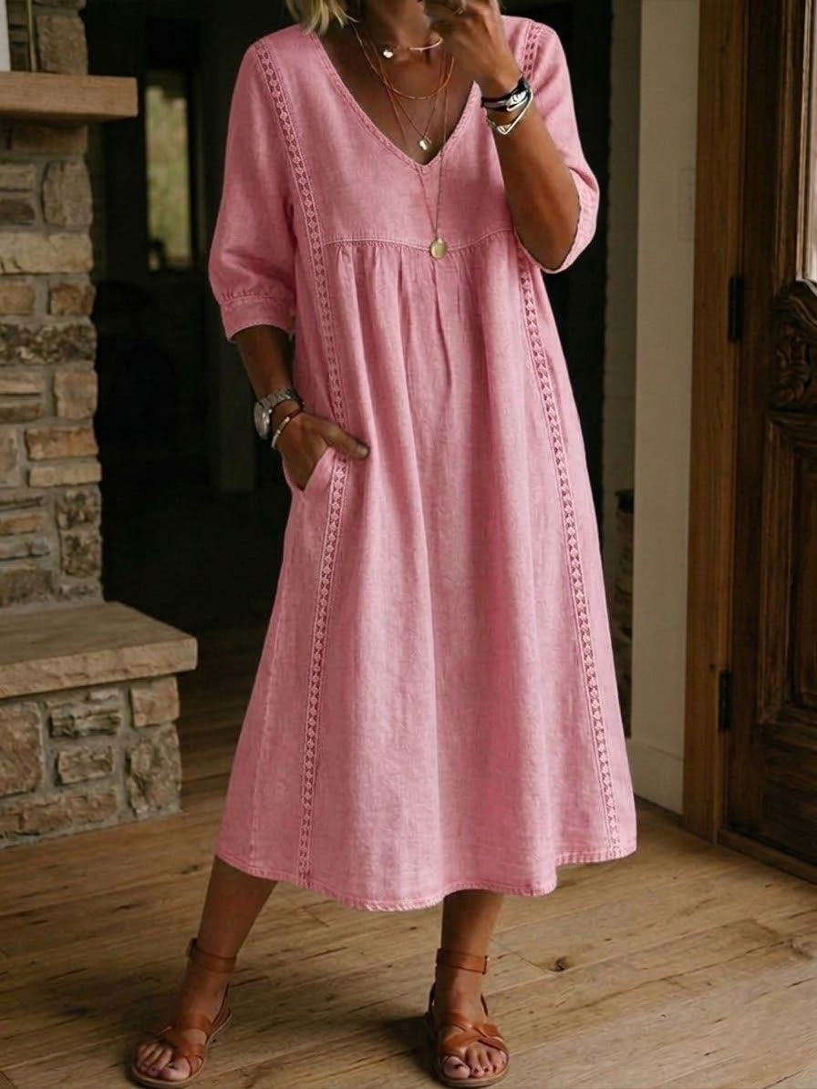 Clearance Sale🔥 Women's Casual Loose-fitting Patchwork Lace Trim Linen And Cotton Dress