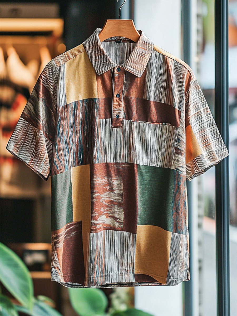 Men's Business Casual Stripe Print Button Short Sleeve Polo Shirt