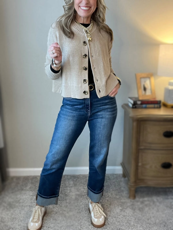 CLEARANCE SALE🔥 Ribbed Crew Neck Button Down Sweater