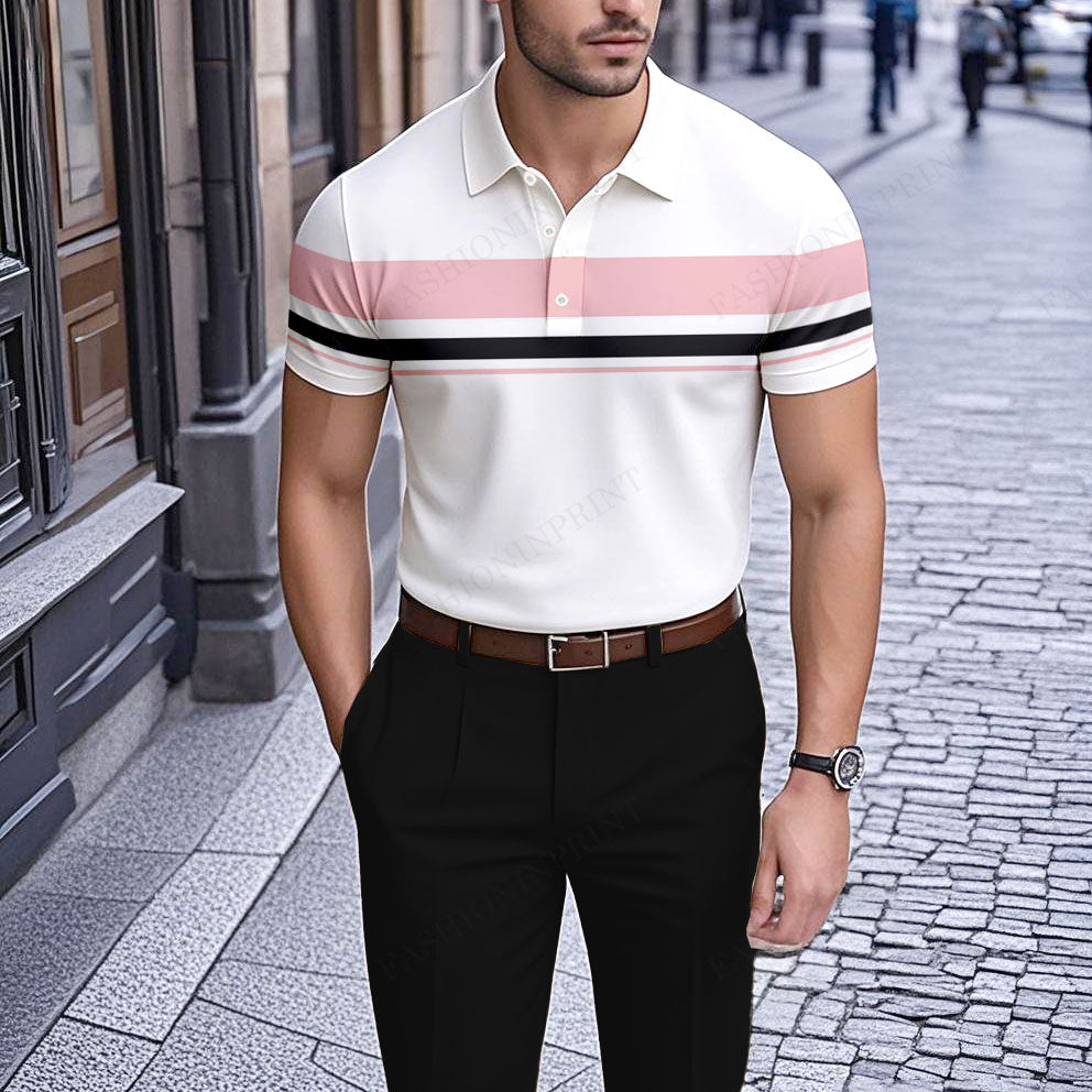 Men's Casual White And Pink Geometric Patterns Printed Short-Sleeve Polo Shirt203800