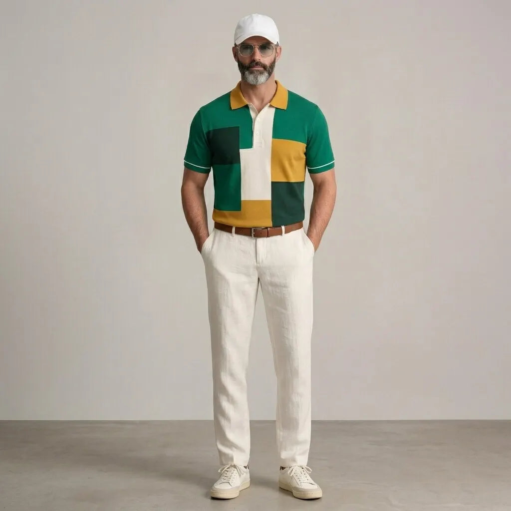 Men's Fashion Colorblock Turndown Collar Short Sleeve Casual Polo Shirt