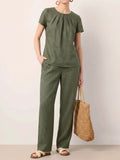 Clearance Sale🔥 Women's Summer Linen Blend 2-Piece Set: Elegant Pleated Round Neck Short Sleeve Top & Wide Leg Long Pants Casual Loungewear